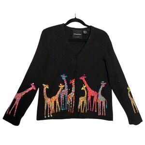 Michael Simon New York size Med Black Knit Sweater Sequined Giraffe Appliques